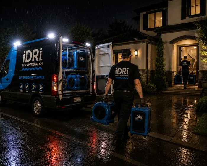 iDri crew responding to a 24/7 water damage emergency in a Beverly Hills home