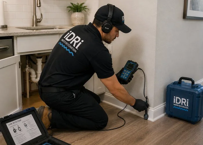 Moisture meter locating a hidden leak in a Beverly Hills home