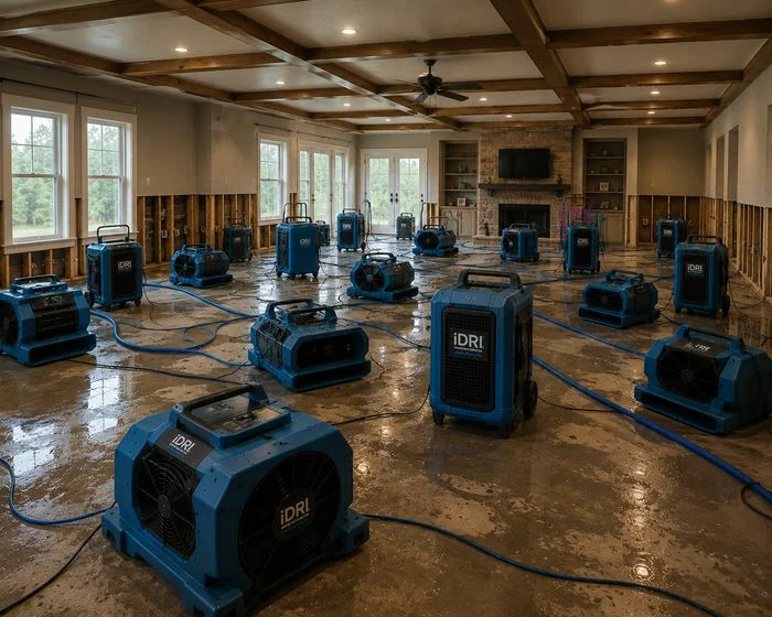 Air movers and dehumidifiers drying out a Beverly Hills home