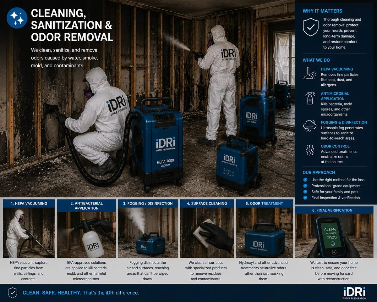How iDri decontaminates a Category 3 loss: HEPA vacuuming, antimicrobial application, fogging and disinfection, surface cleaning, odor treatment, and final air quality verification