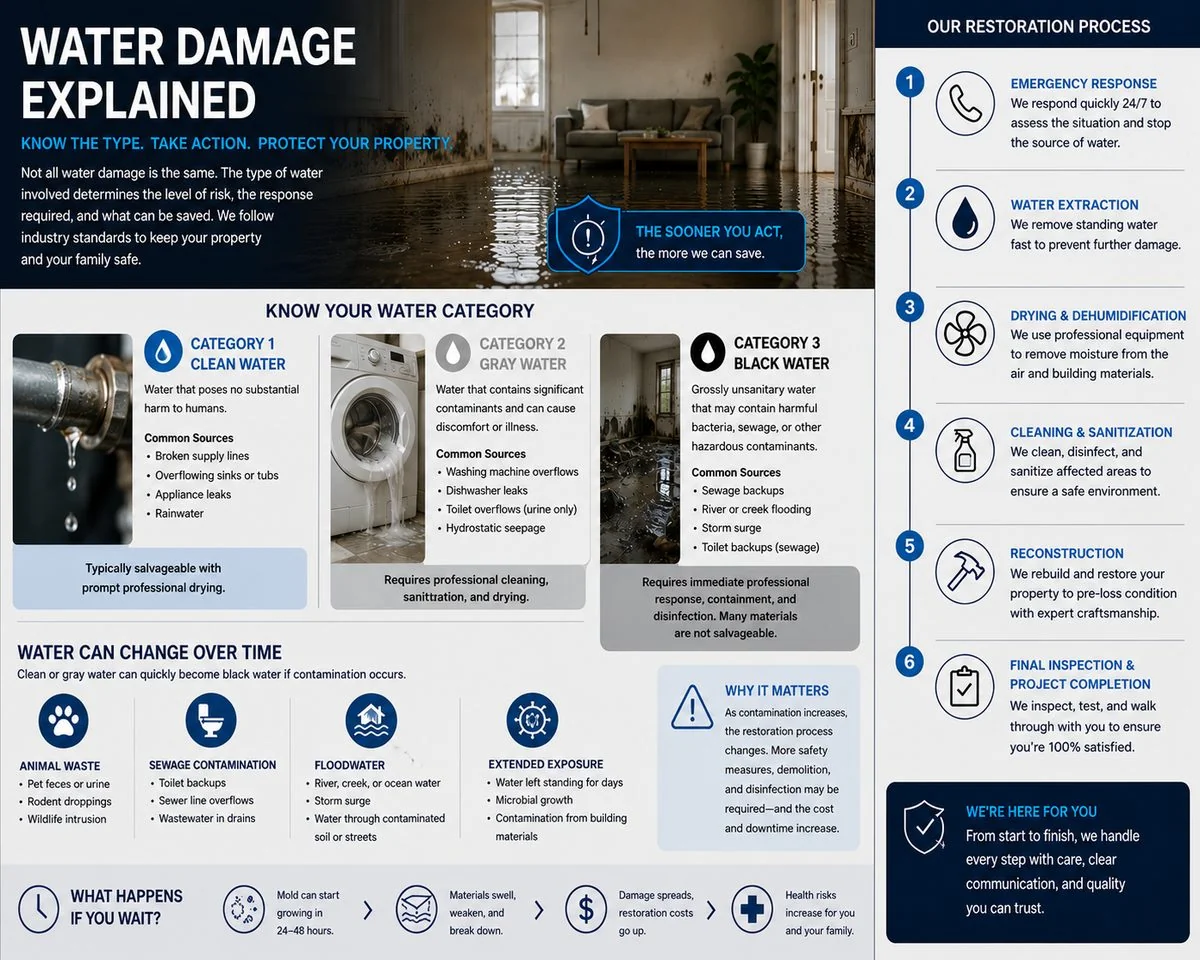 Water damage explained: clean, gray and black water categories, the six step restoration process, and why acting within 24 to 48 hours protects your home
